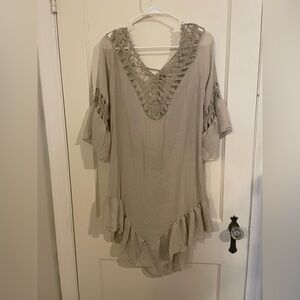 Beige Boho Tunic Swim Coverup with Lace Details